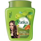 Vatika Naturals Dabur Olive Hair Mask jar shows creamy texture for deep conditioning and shine