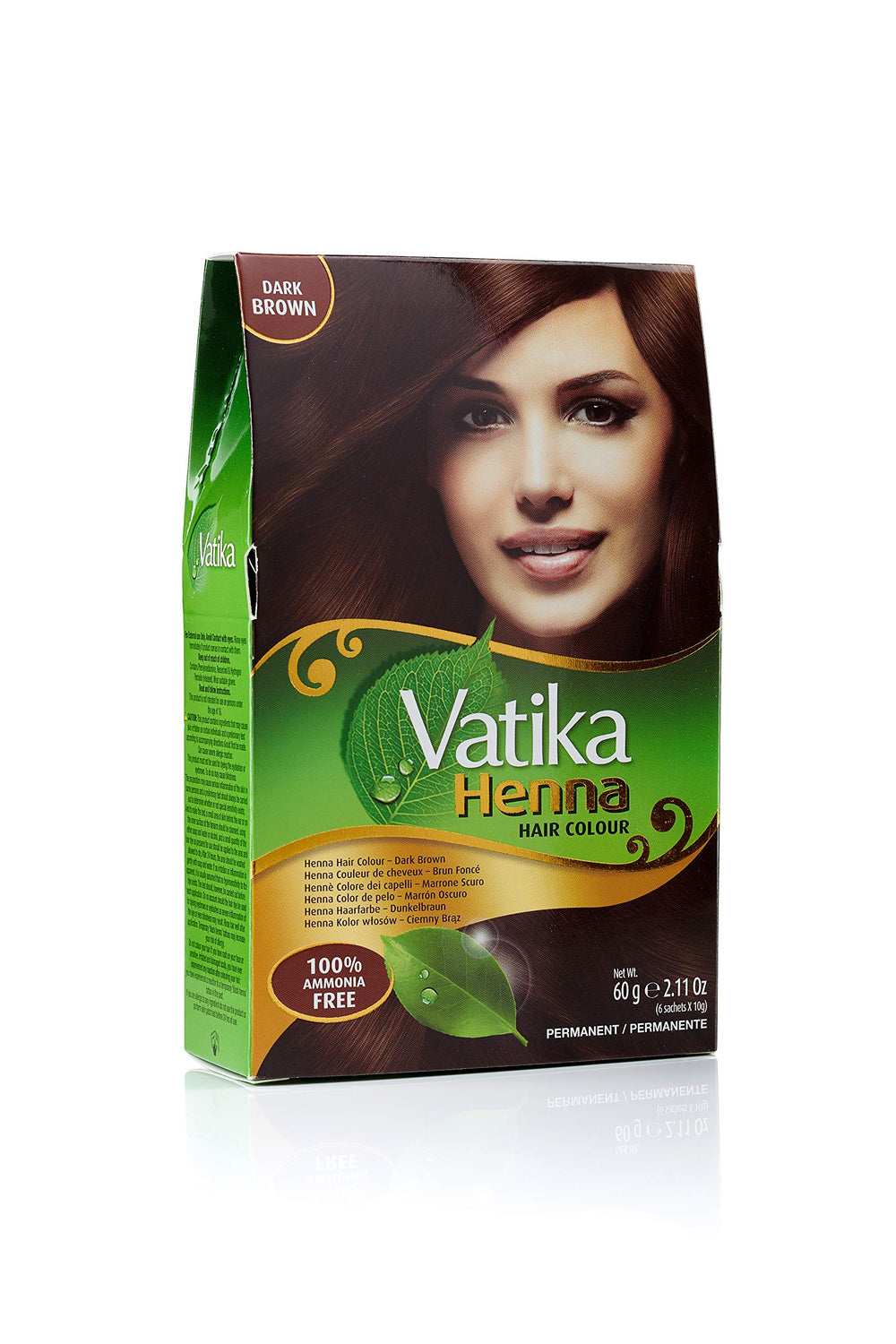 Vatika Naturals dark brown permanent dye packaging shows long-lasting color promise.