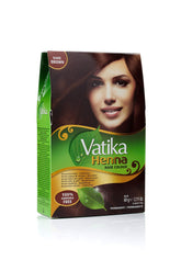 Vatika Naturals dark brown permanent dye packaging shows long-lasting color promise.