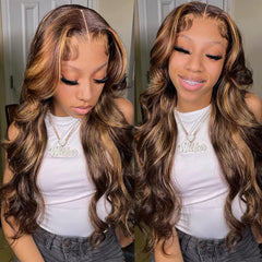 Veally body wave lace front wig in brown-blonde blend adds natural volume.