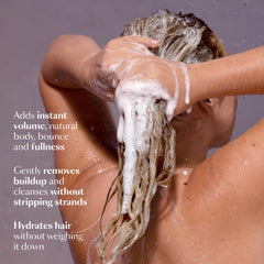 VEGAMOUR UPLIFT shampoo lather close-up shows rich, thorough cleanse