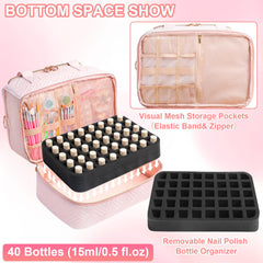 Veirdro Nail Polish Organizer Bag lower compartments showcase extra storage and sponge area.