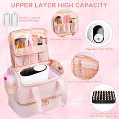 Veirdro Nail Polish Organizer Bag upper compartments with lids protect bottles during transit.