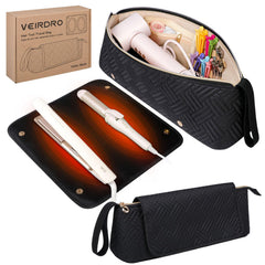 Veirdro travel bag with heat-resistant mat protecting hot tools during travel.