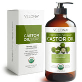 Velona castor oil 16oz glass bottle front shows pure, non-toxic skincare and hair care potential.