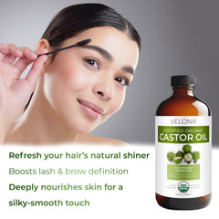 Velona castor oil amber oil drop demonstrates rich texture for massage or DIY blends.