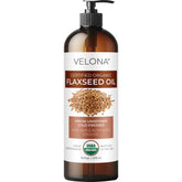 Velona flaxseed oil bottle front with USDA Organic label for skin care
