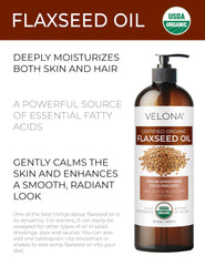 Velona flaxseed oil bottle pour showing lightweight moisture for hair shine