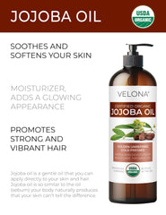 Velona Jojoba Oil amber glass bottle showcasing golden oil for nourishing skin
