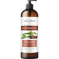 Velona Jojoba Oil bottle with pump, multipurpose hydration for face and hair.
