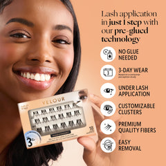 Velour Xtensions underlash clusters applied on eye for natural daily wear.