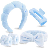 VELSCRUN spa headband blue fluffy texture for gentle face washing and makeup prep.