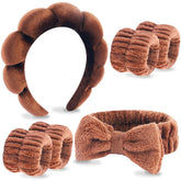 VELSCRUN spa headband in coffee with bow for easy facial washing.