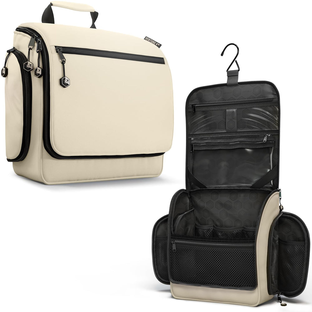 VENTURE 4TH hanging travel toiletry bag with beige fabric and sturdy hook for easy access.