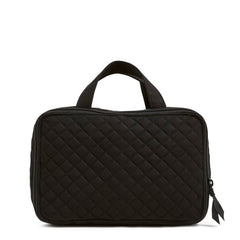 Vera Bradley black travel case back view featuring gusseted pockets and zip pocket.