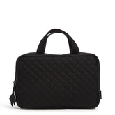 Vera Bradley travel makeup organizer case in black, front view shows organized compartments.