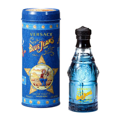 Versace Blue Jeans bottle angled shot emphasizes sleek silhouette for versatile occasions.