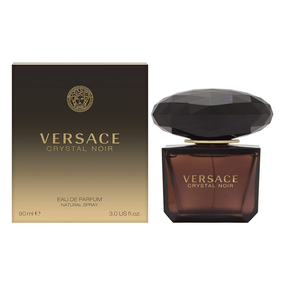 Versace Crystal Noir bottle closeup—luxurious design for lasting evening elegance and signature presence.