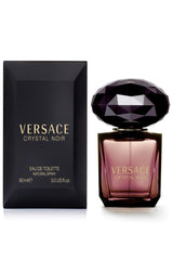 Versace Crystal Noir bottle side view highlights elegant silhouette for refined styling.