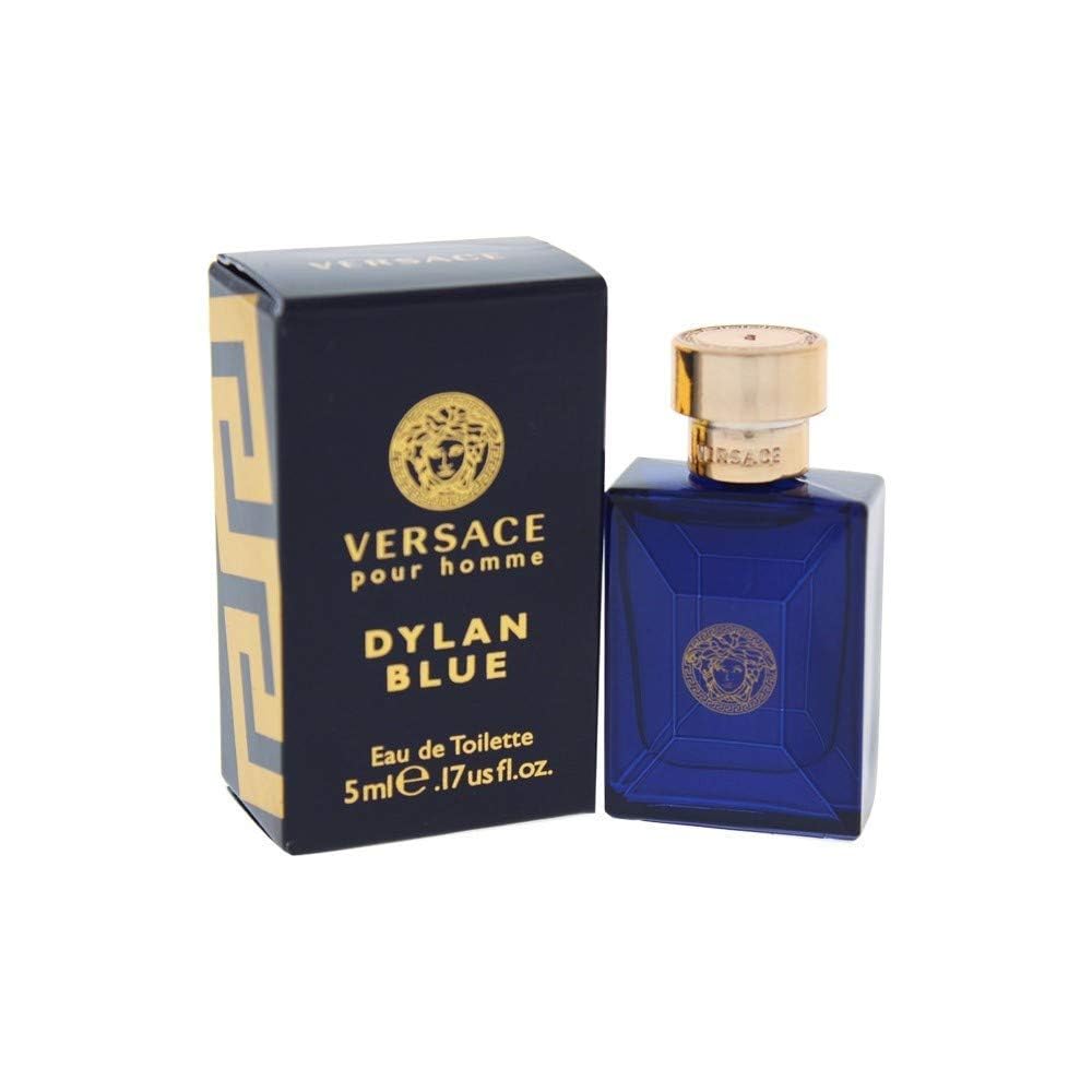 Versace Dylan Blue mini splash bottle close-up for on-the-go fragrance.