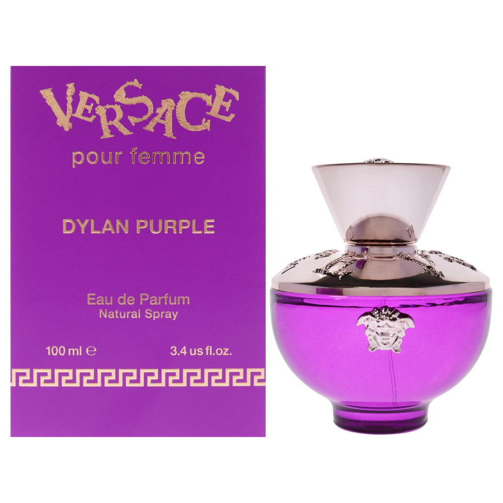 Versace Dylan Purple bottle front view highlights vibrant color for daytime elegance.