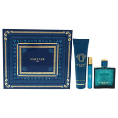 Versace Eros Men gift set bottle close-up showcases premium design for evenings.