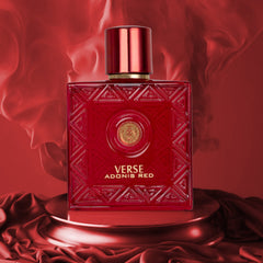 NovoGlow Verse Adonis Red bottle with woody base mood lighting, evening allure.