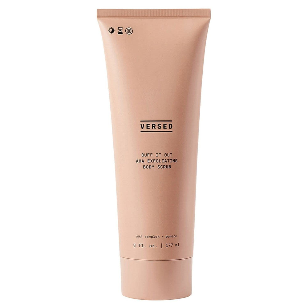 Versed Buff It Out bottle pour highlights easy usage for brighter, smoother skin.