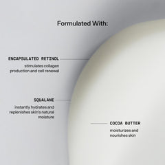 Versed Press Restart Retinol Body Lotion cocoa butter ingredient highlights rich moisture.