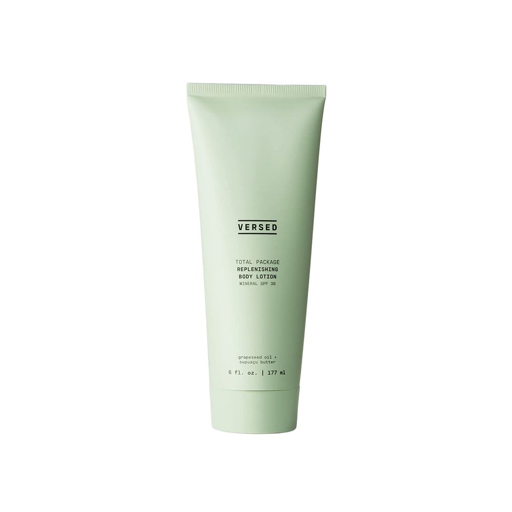 Versed Total Package lotion bottle front with SPF 30 for everyday moisture and sun protection.