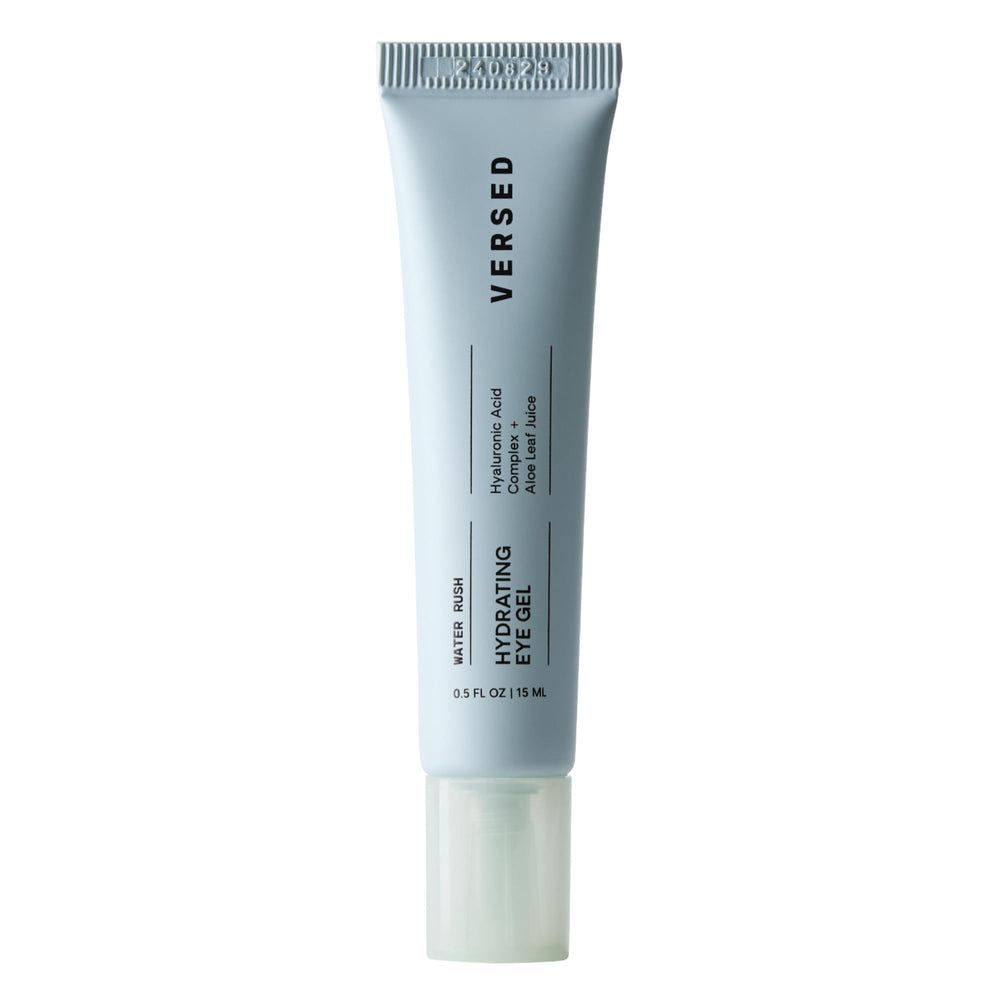 Versed Water Rush Eye Gel packaging shown, fragrance-free formula highlighted.
