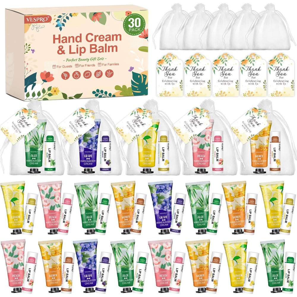 VESPRO 30-set hand cream and lip balm gifts for weddings and events.