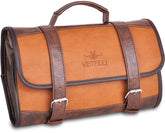 Vetelli Leather Toiletry Bag for Men, opened with hanging hook for easy access.