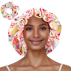 Vettres Floral Satin Bonnet close-up of yellow-strawberries print offers gentle hair protection.