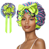Vettres silk hair bonnet on bed provides full-coverage night care for all hair types.