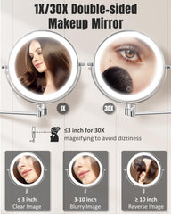 VFD rechargeable makeup mirror with 3500mAh battery and USB-C charging for cordless use.
