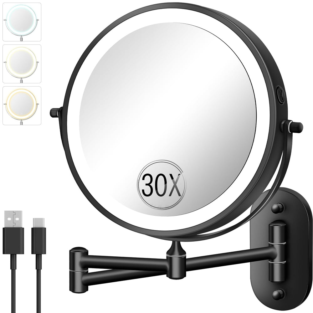 VFD wall-mounted makeup mirror with 30x/1x magnification for precise detail.