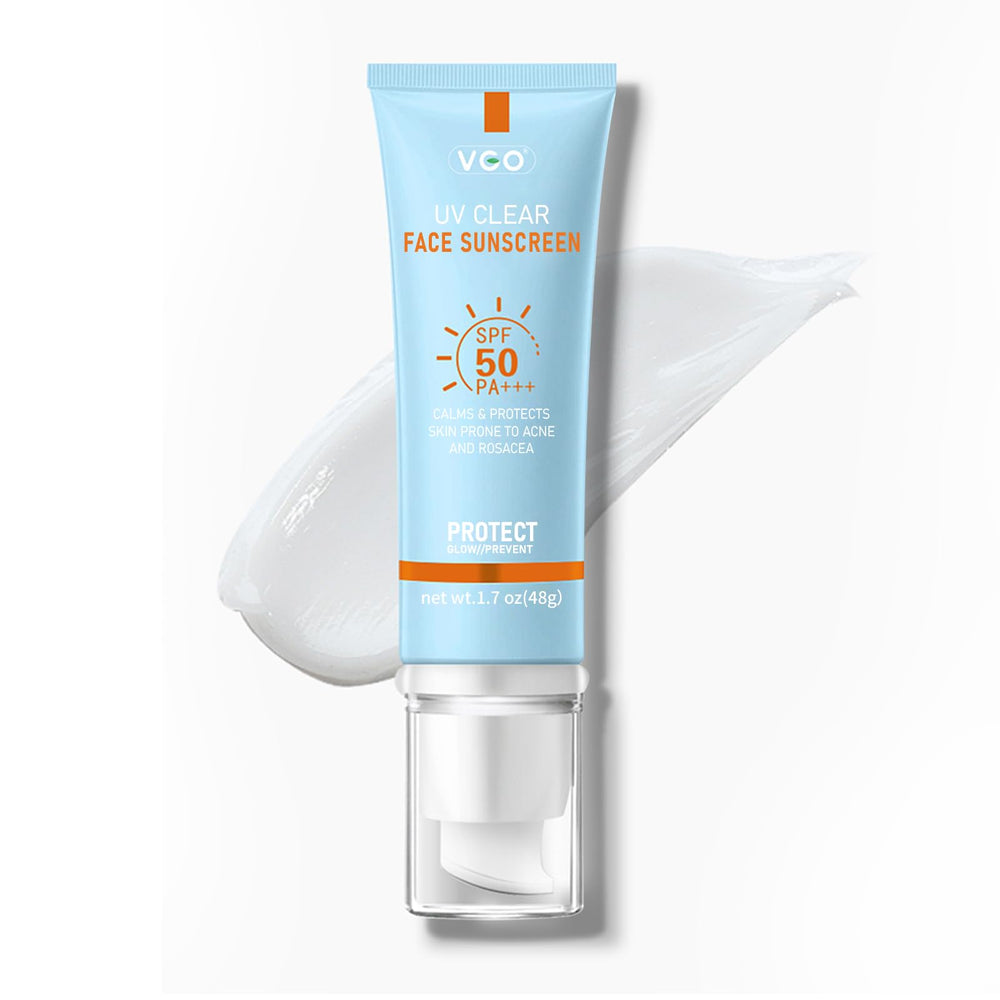 VGO Clear Face Sunscreen SPF 50 tube close-up with oil-free formula.