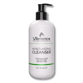Vibriance Moisturizing Cleanser bottle shows silky oil-to-foam texture for gentle cleansing