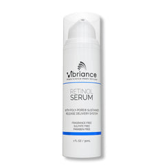Vibriance Retinol Serum bottle closeup for nightly glow and wrinkle care.