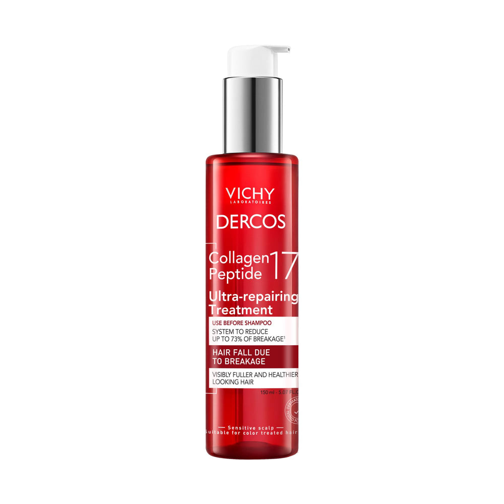 VICHY Dercos bottle front view showing label and 150ml size with strengthening benefit