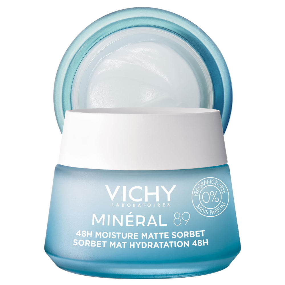VICHY front packaging showing product and clean clinical design benefit matte hydration