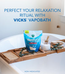 Vicks VapoBath vapors rise during soak with eucalyptus and menthol scent.