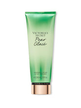 Victoria's Secret Pear Glacé lotion bottle pour showcasing quick fragrance release for fresh skin feel.