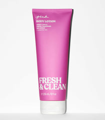 Victoria's Secret Pink Fresh & Clean lotion bottle accentuates Sweet Apple, Tangerine, Sea Spray notes.
