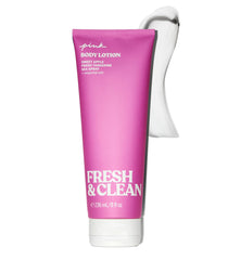 Victoria's Secret Pink Fresh & Clean lotion tube front view with hydrating, fresh-scent formula.