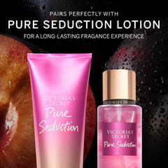 Victoria's Secret Pure Seduction fragrance mist bottle highlights fruity plum and freesia notes