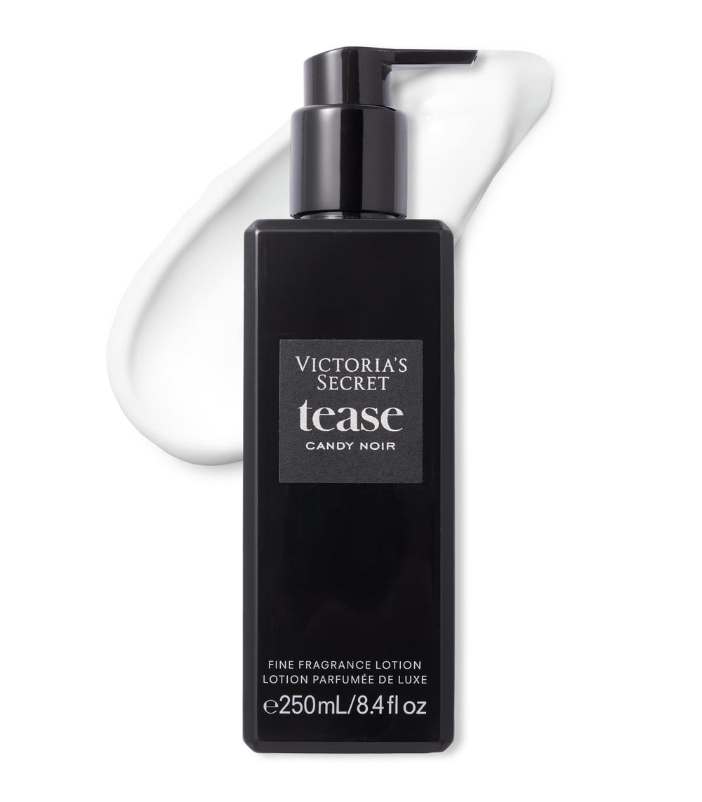 Victoria's Secret Tease Candy Noir lotion bottle shows long-lasting scent layering.
