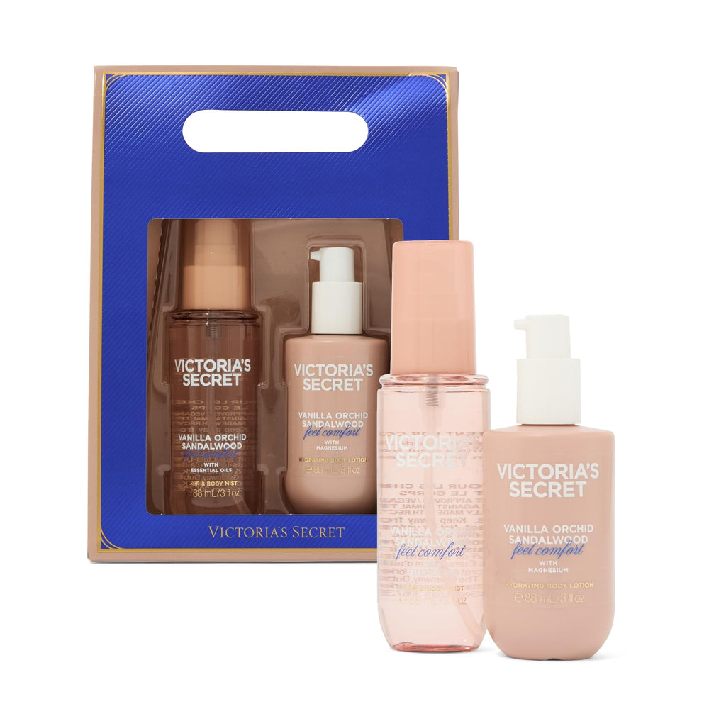 Victoria's Secret 2pc gift set bottle highlights vanilla orchid sandalwood for daily refresh.