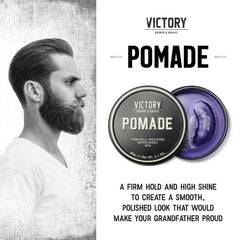 Victory Barber & Brand Pomade jar, hair application detail with styling control.